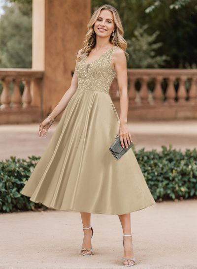 A-Line V-Neck Sleeveless Tea-Length Satin Mother Of The Bride Dresses With Lace