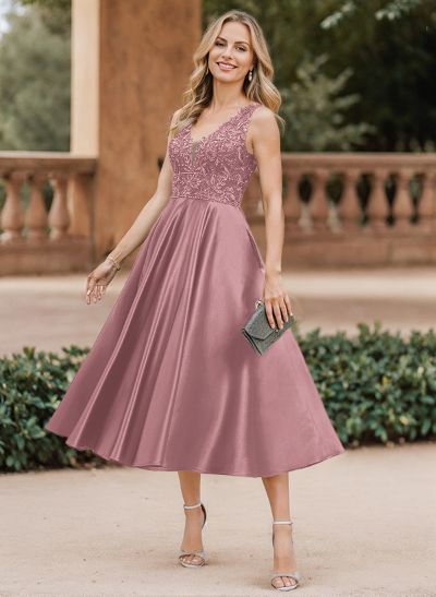 A-Line V-Neck Sleeveless Tea-Length Satin Mother Of The Bride Dresses With Lace