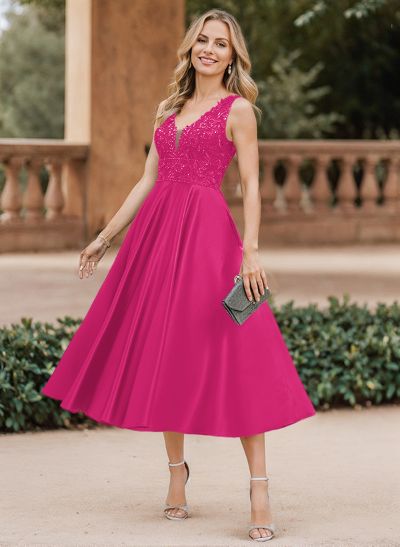 A-Line V-Neck Sleeveless Tea-Length Satin Mother Of The Bride Dresses With Lace