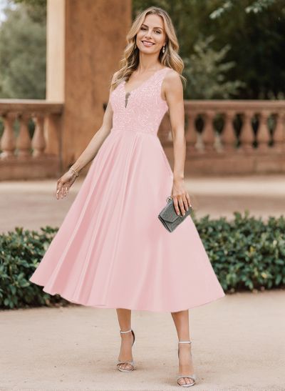 A-Line V-Neck Sleeveless Tea-Length Satin Mother Of The Bride Dresses With Lace