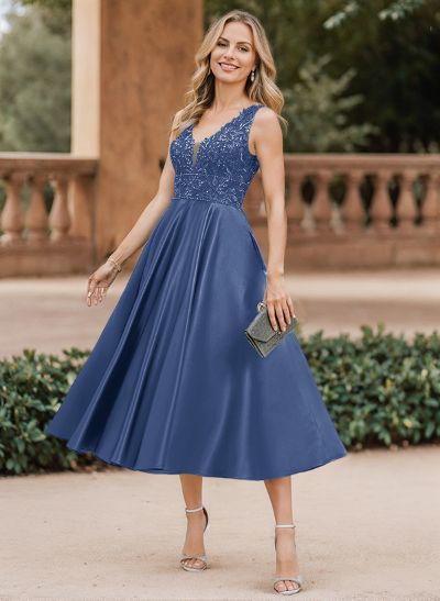 A-Line V-Neck Sleeveless Tea-Length Satin Mother Of The Bride Dresses With Lace