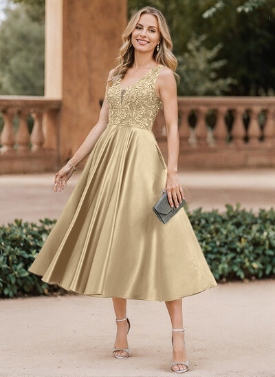 A-Line V-Neck Sleeveless Tea-Length Satin Mother Of The Bride Dresses With Lace