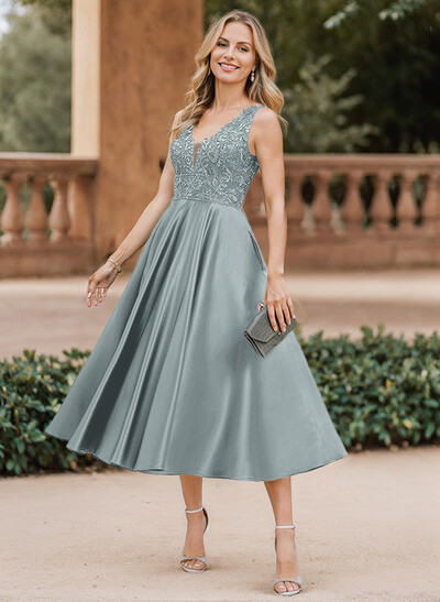 A-Line V-Neck Sleeveless Tea-Length Satin Mother Of The Bride Dresses With Lace