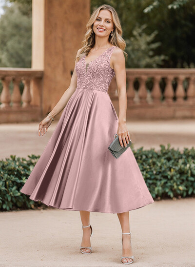 A-Line V-Neck Sleeveless Tea-Length Satin Mother Of The Bride Dresses With Lace