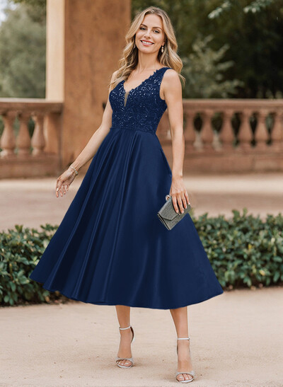A-Line V-Neck Sleeveless Tea-Length Satin Mother Of The Bride Dresses With Lace