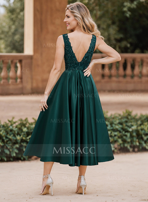 A-Line V-Neck Sleeveless Tea-Length Satin Mother Of The Bride Dresses With Lace