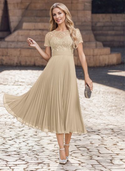 A-Line Scoop Neck Chiffon Mother Of The Bride Dresses With Lace/Pleated