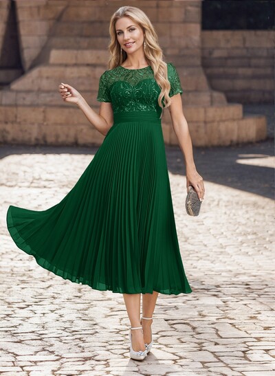 A-Line Scoop Neck Chiffon Mother Of The Bride Dresses With Lace/Pleated