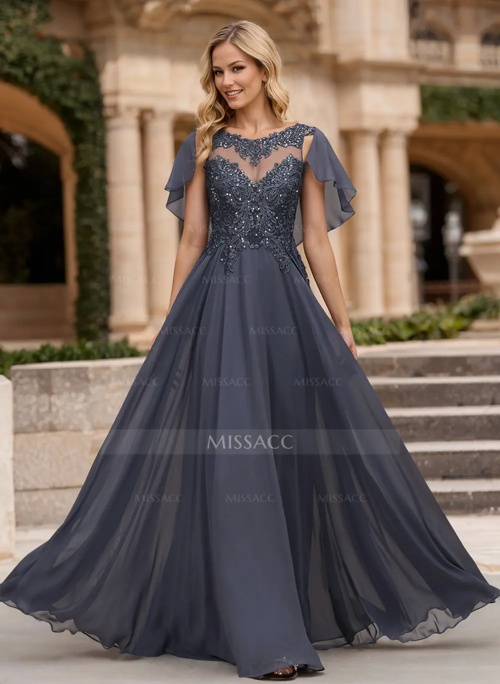 A-Line Scoop Neck Sleeveless Chiffon Mother Of The Bride Dresses With Lace  - Missacc