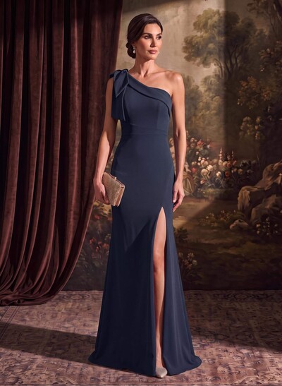 Sheath/Column One-Shoulder Sleeveless Floor-Length Elastic Satin Mother Of The Bride Dresses With Bow
