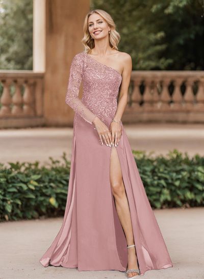 A-Line One-Shoulder Chiffon Mother Of The Bride Dresses With High Split