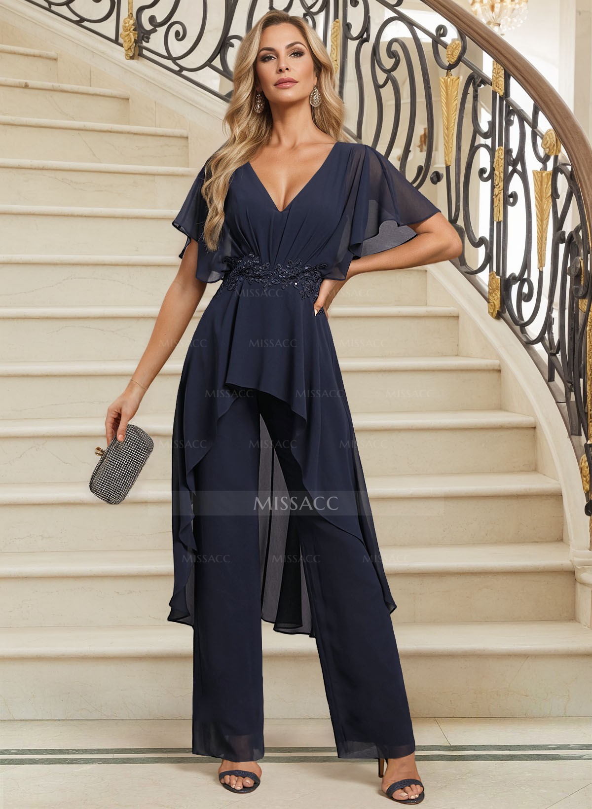 Jumpsuit/Pantsuit V-Neck Chiffon Mother Of The Bride Dresses With Lace