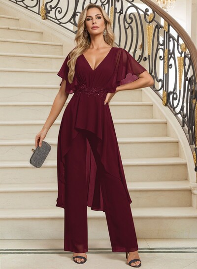 Jumpsuit/Pantsuit V-Neck Short Sleeves Floor-Length Chiffon Evening Dresses With Lace
