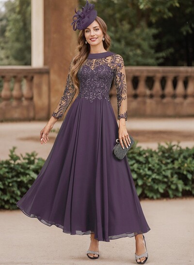A-Line Scoop Neck Ankle-Length Chiffon Mother Of The Bride Dresses With Lace