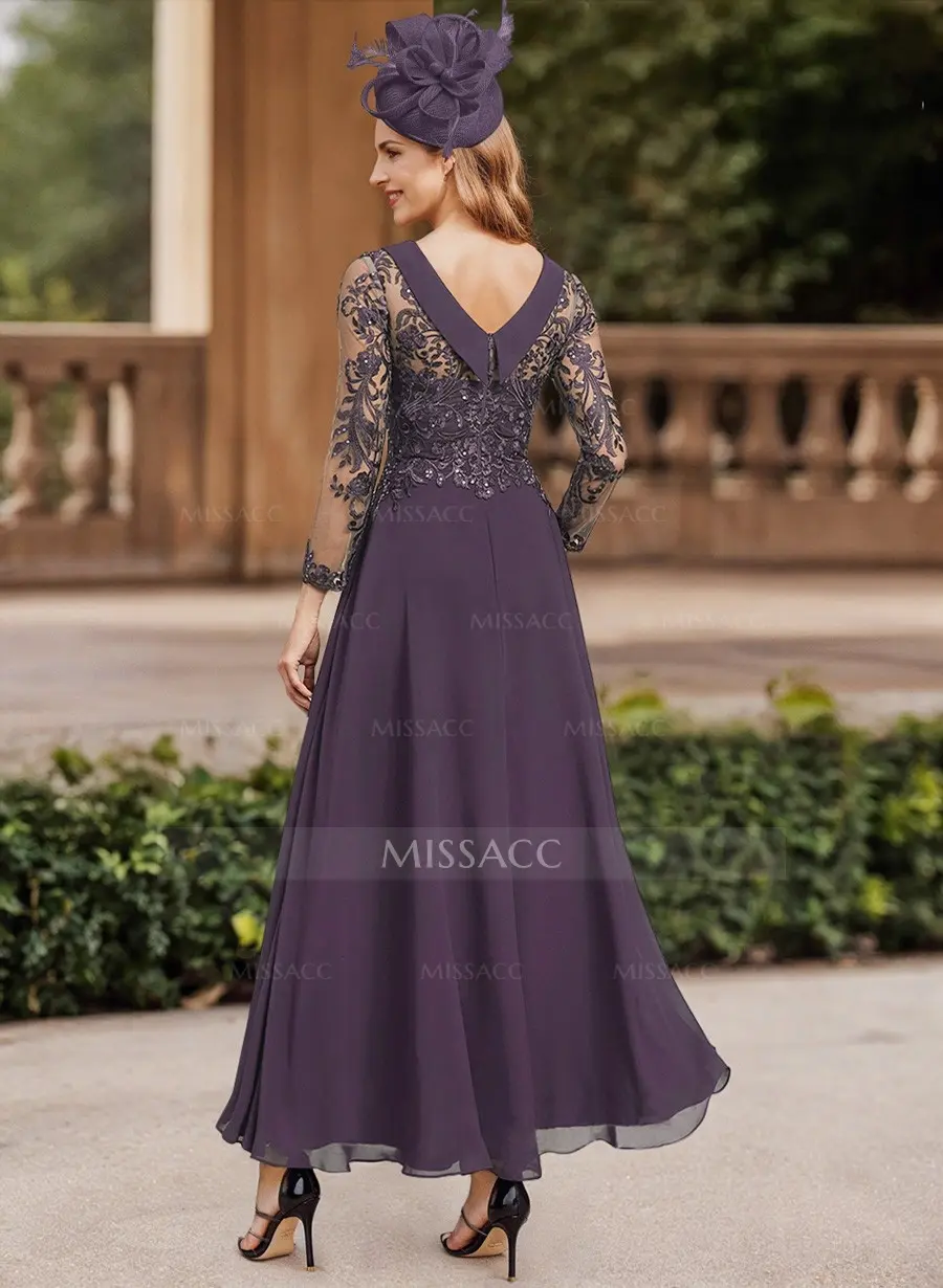 A-Line Scoop Neck Ankle-Length Chiffon Mother Of The Bride Dresses With Lace  - Missacc