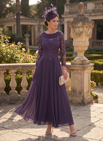 A-Line Scoop Neck Ankle-Length Chiffon Mother Of The Bride Dresses With Lace