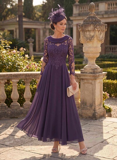 A-Line Scoop Neck Ankle-Length Chiffon Mother Of The Bride Dresses With Lace
