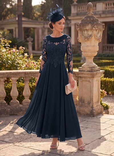 A-Line Scoop Neck Ankle-Length Chiffon Mother Of The Bride Dresses With Lace