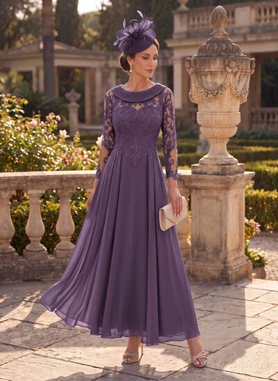 A-Line Scoop Neck Ankle-Length Chiffon Mother Of The Bride Dresses With Lace