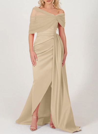 Trumpet/Mermaid Off-The-Shoulder Satin/Tulle Prom Dresses With Split Front