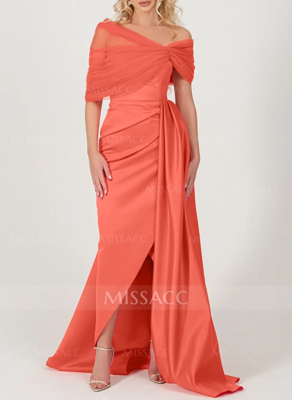 Trumpet/Mermaid Off-The-Shoulder Satin/Tulle Prom Dresses With Split Front