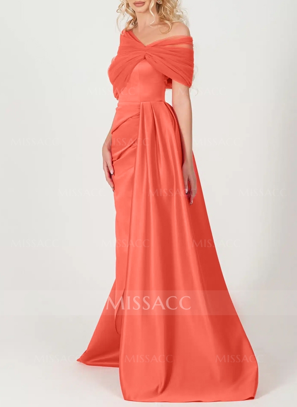 Trumpet/Mermaid Off-The-Shoulder Satin/Tulle Prom Dresses With Split Front