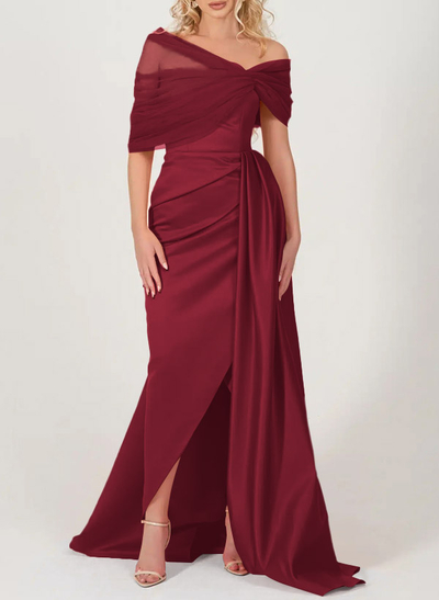 Trumpet/Mermaid Off-The-Shoulder Satin/Tulle Prom Dresses With Split Front