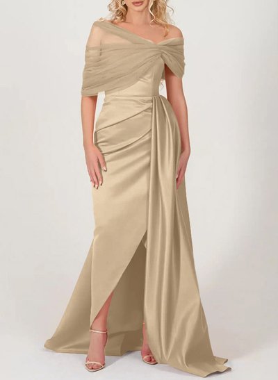 Trumpet/Mermaid Off-The-Shoulder Satin/Tulle Prom Dresses With Split Front