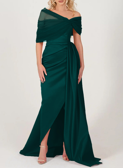 Trumpet/Mermaid Off-The-Shoulder Satin/Tulle Prom Dresses With Split Front