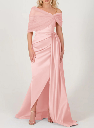 Trumpet/Mermaid Off-The-Shoulder Satin/Tulle Mother Of The Bride Dresses With Split Front