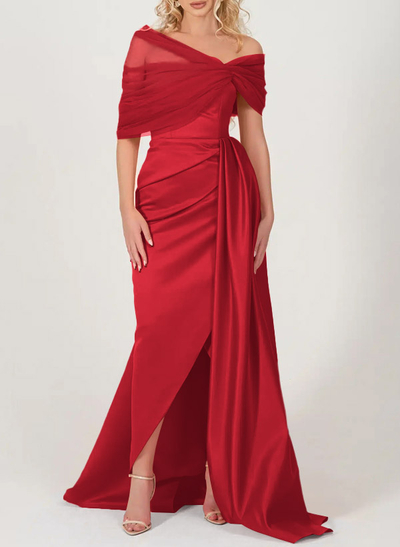 Trumpet/Mermaid Off-The-Shoulder Satin/Tulle Prom Dresses With Split Front