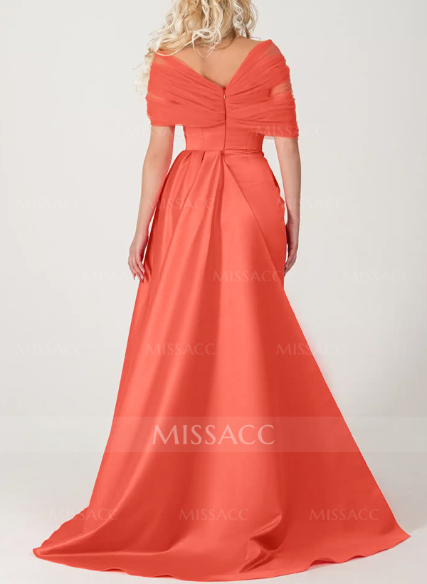 Trumpet/Mermaid Off-The-Shoulder Satin/Tulle Prom Dresses With Split Front