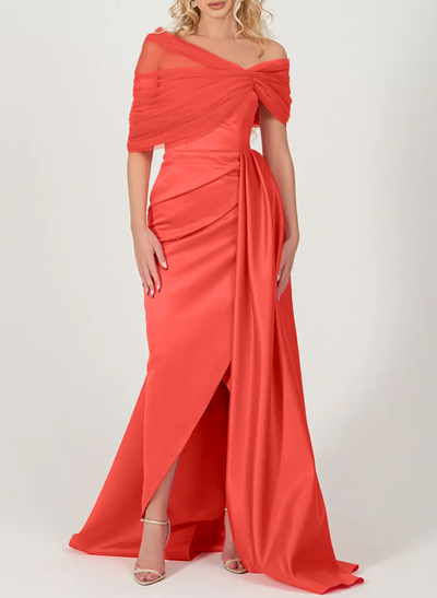 Trumpet/Mermaid Off-The-Shoulder Satin/Tulle Prom Dresses With Split Front