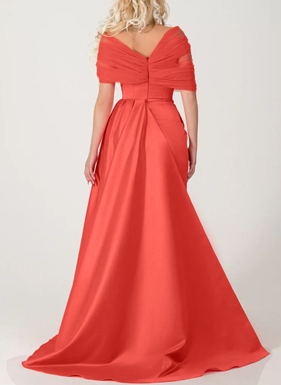 Trumpet/Mermaid Off-The-Shoulder Satin/Tulle Prom Dresses With Split Front