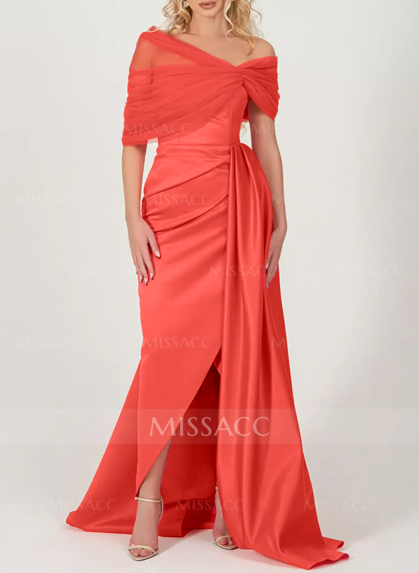 Trumpet/Mermaid Off-The-Shoulder Satin/Tulle Prom Dresses With Split Front