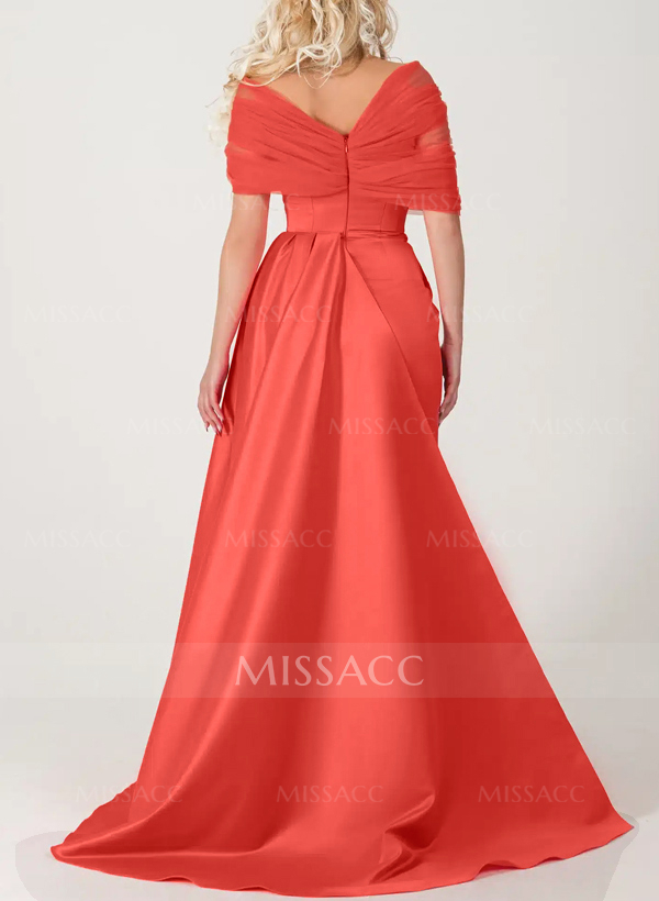 Trumpet/Mermaid Off-The-Shoulder Satin/Tulle Prom Dresses With Split Front