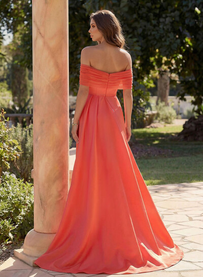 Trumpet/Mermaid Off-The-Shoulder Satin/Tulle Prom Dresses With Split Front