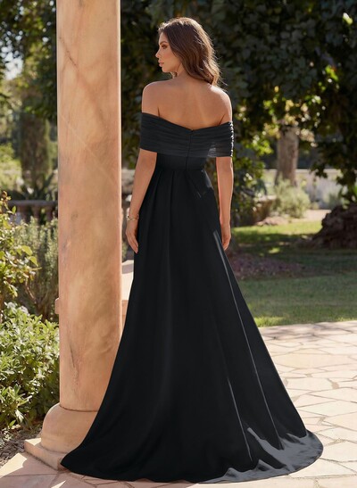 Trumpet/Mermaid Off-The-Shoulder Satin/Tulle Prom Dresses With Split Front