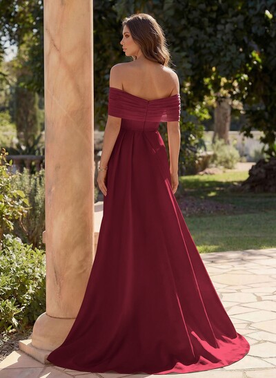 Trumpet/Mermaid Off-The-Shoulder Satin/Tulle Prom Dresses With Split Front