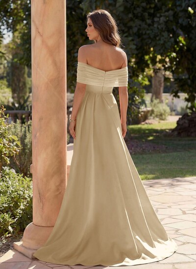 Trumpet/Mermaid Off-The-Shoulder Satin/Tulle Prom Dresses With Split Front