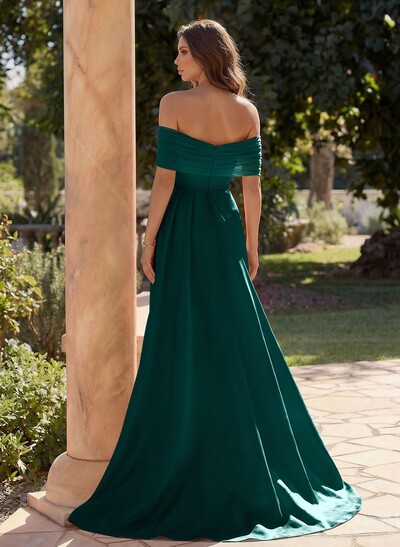 Trumpet/Mermaid Off-The-Shoulder Satin/Tulle Prom Dresses With Split Front