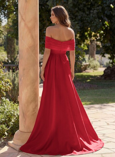 Trumpet/Mermaid Off-The-Shoulder Satin/Tulle Prom Dresses With Split Front