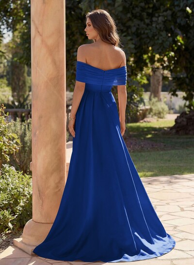 Trumpet/Mermaid Off-The-Shoulder Satin/Tulle Prom Dresses With Split Front