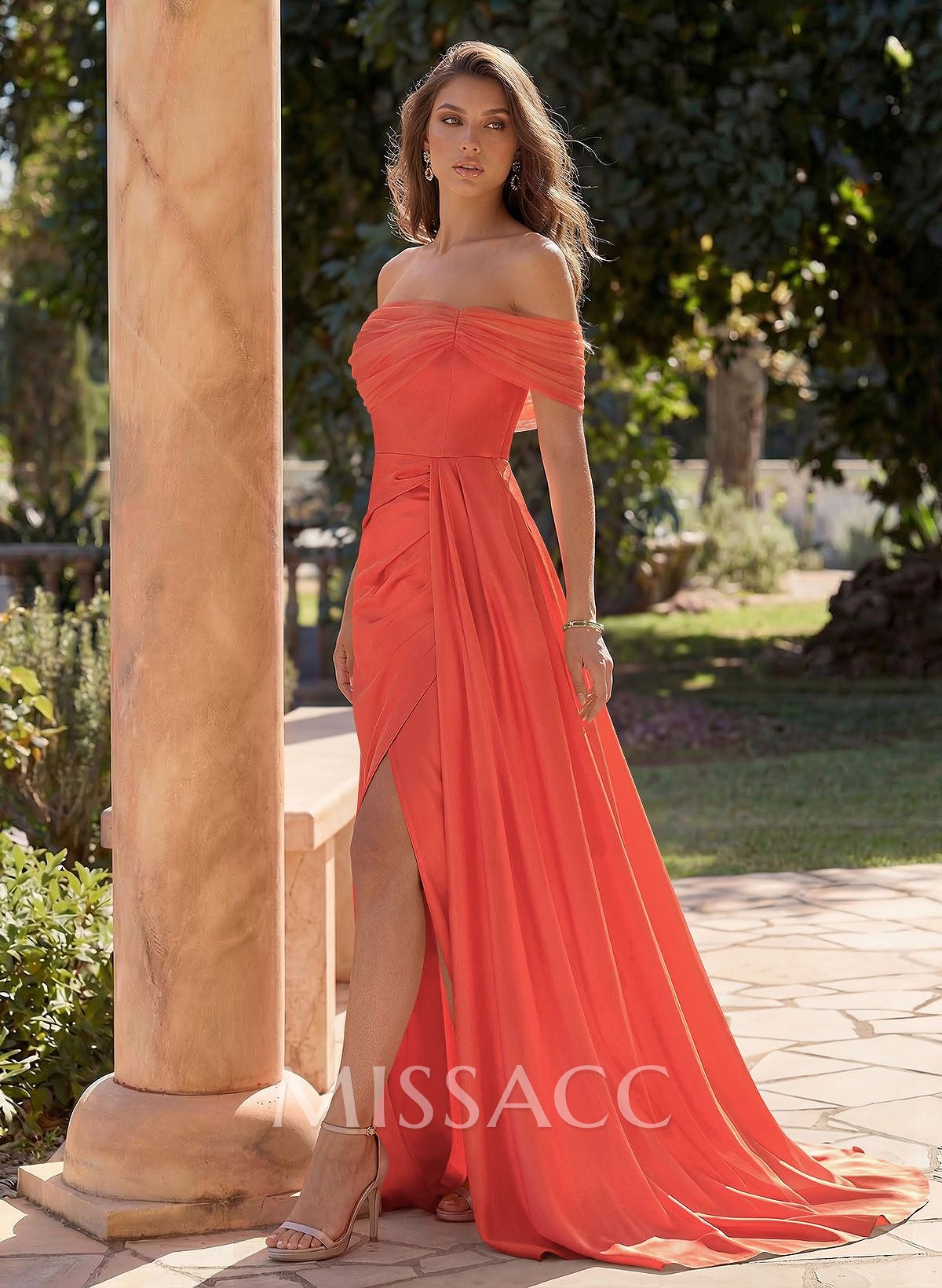 Trumpet/Mermaid Off-The-Shoulder Satin/Tulle Prom Dresses With Split Front