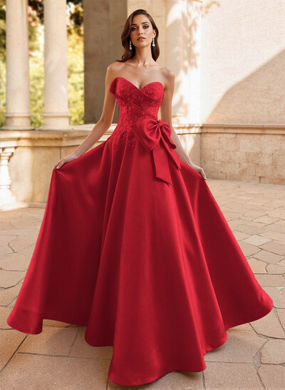 A-Line Sweetheart Sleeveless Satin(Non-Stretch) Prom Dresses With Bow(s)