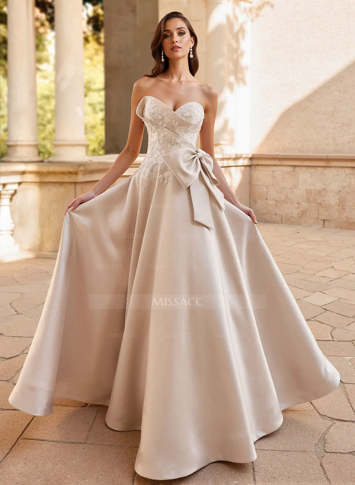 A-Line Sweetheart Sleeveless Satin(Non-Stretch) Prom Dresses With Bow(s) - Missacc A-Line Sweetheart Sleeveless Satin(Non-Stretch) Prom Dresses With Bow(s) - Missacc