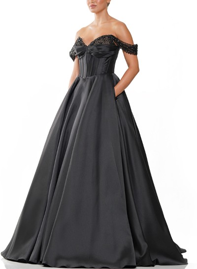 A-Line Off-The-Shoulder Sleeveless Satin(Non-Stretch) Prom Dresses