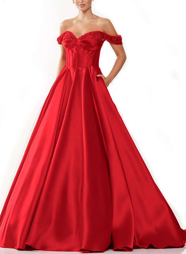 A-Line Off-The-Shoulder Sleeveless Satin(Non-Stretch) Prom Dresses