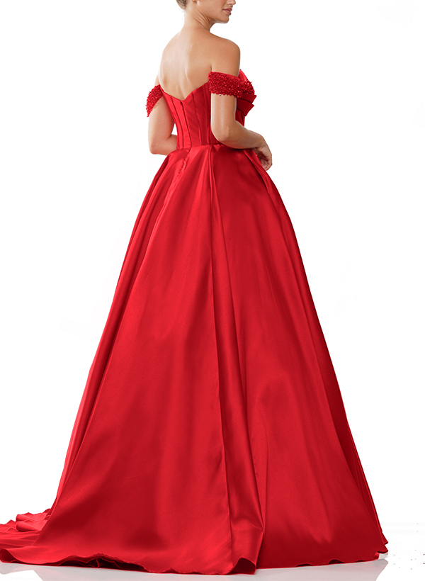 A-Line Off-The-Shoulder Sleeveless Satin(Non-Stretch) Prom Dresses