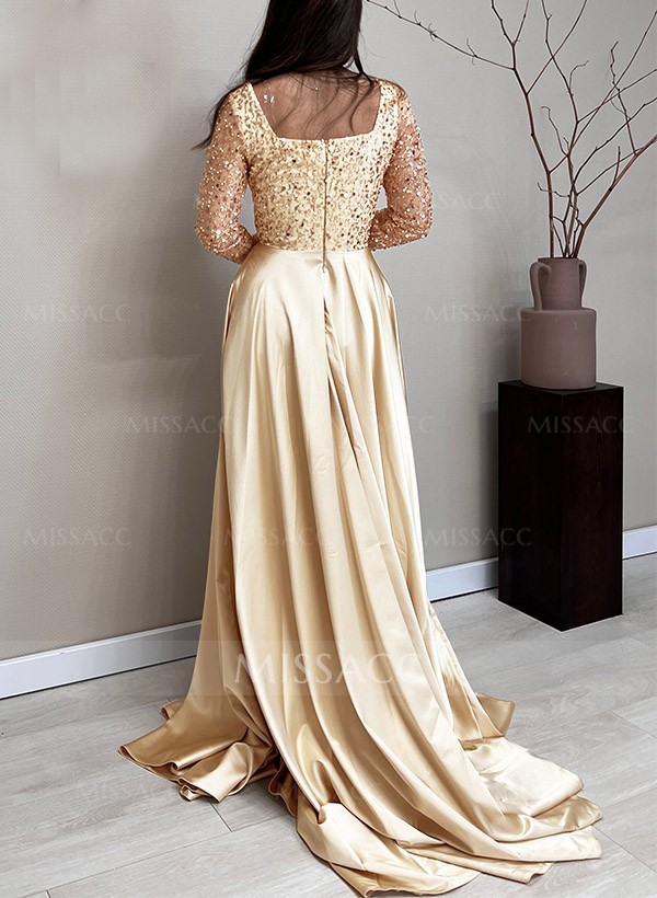 A-Line Square Neckline Long Sleeves Silk Like Satin Prom Dresses With Sequins